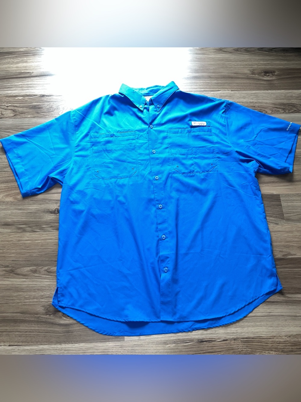 Columbia PFG Shirt Mens XL Blue Omni-Shade Pockets Short Sleeve Button Fishing *